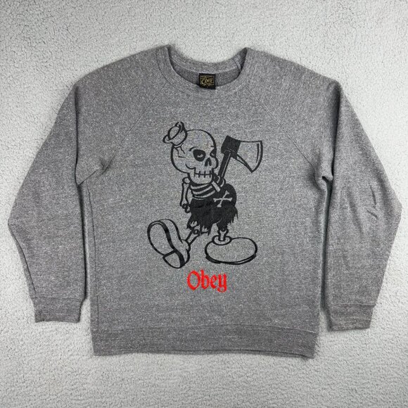Obey Sweatshirt Mens Small Grey Skeleton Sailor Axe Sweater USA Made Vintage Y2K - Picture 1 of 12